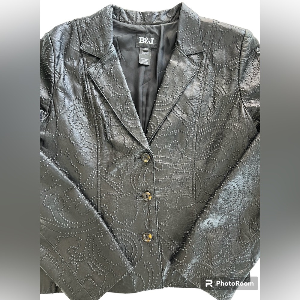 B&J Genuine Leather Jacket Black Stitched Size Large